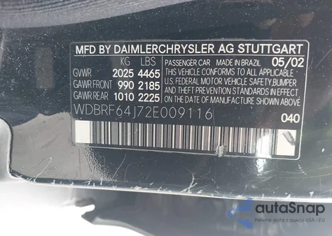 2002 Mercedes-Benz C 320 z USA, uszkodzony, nr VIN WDBRF64J72E009116